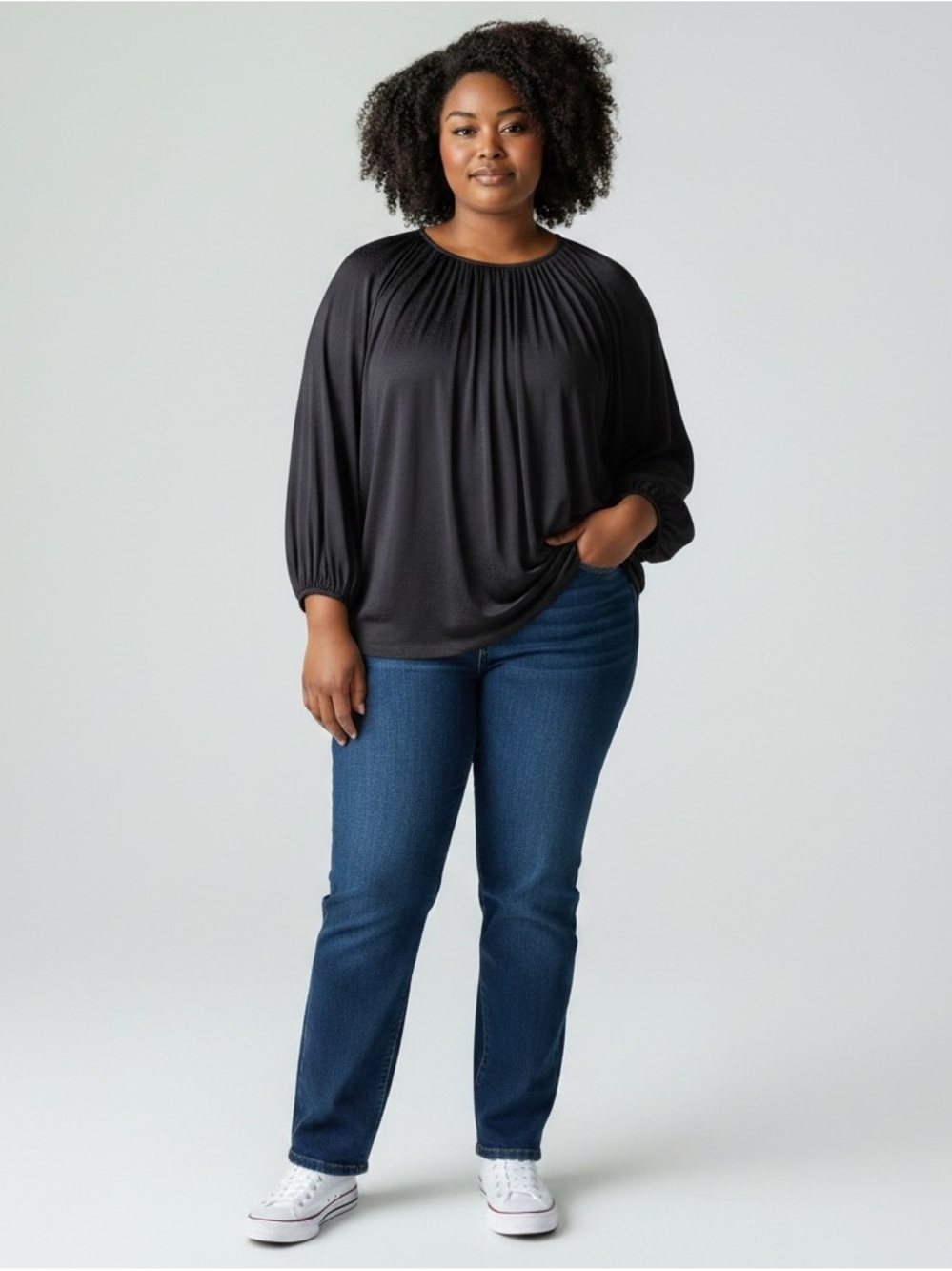 Worthington Black Gathered-Neck Long-Sleeve Blouse 2X